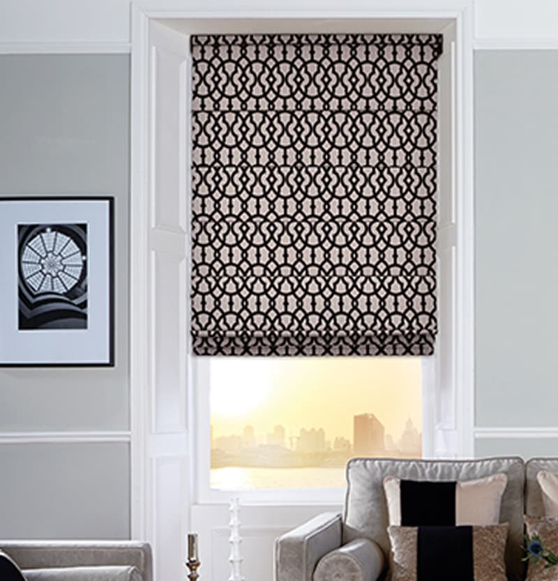 Roman Blinds Warrington Widnes Runcorn | Poppy Blinds Patterned Roman blind fitted in stylish living room window in Warrington home